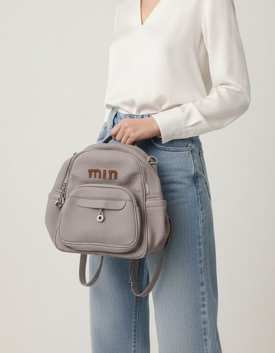min Leather Mini Backpack - Chic & Compact Style Grey