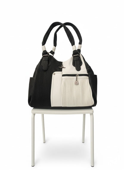 Elegant Two-Tone Pleated Handbag - Chic Shoulder Bag Black & White